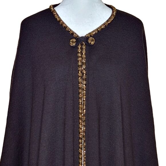 Marina Rinaldi Brown 100% Lana Wool Cape Poncho Beaded Trim Button Front M/12-14 - Picture 2 of 9